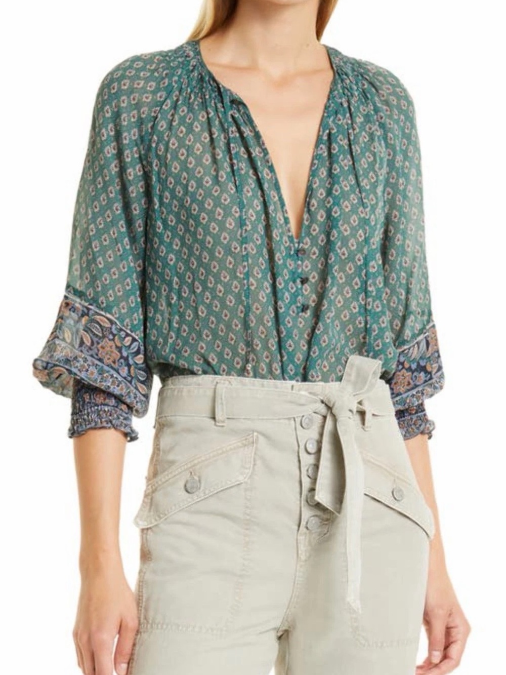 Veronica Beard 100% Silk Amato Foulard Green Top - Medium